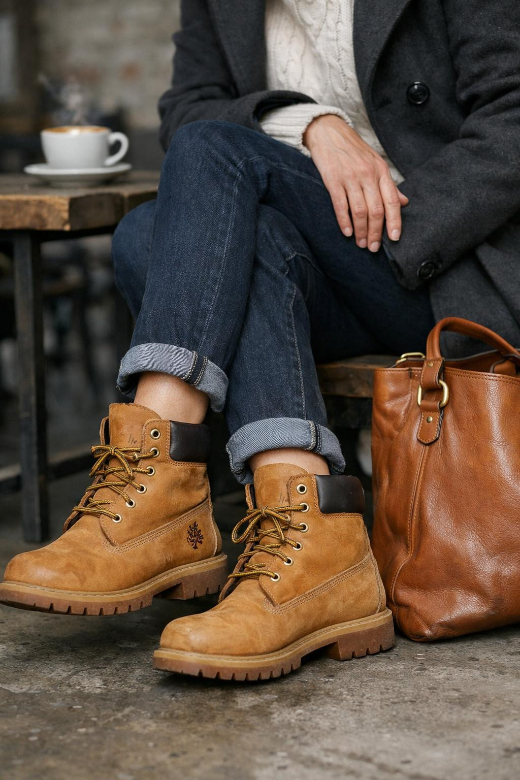 Chic Casual: Timberland Boots with Cable Knit and Grey Coat Chic Casual: Timberland Boots with Cable Knit and Grey Coat — Timberland Boots Outfits