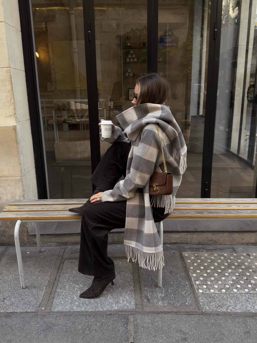 Oversized Checked Scarf as a Cozy Layer Over a Black Coat — Scarf Outfits