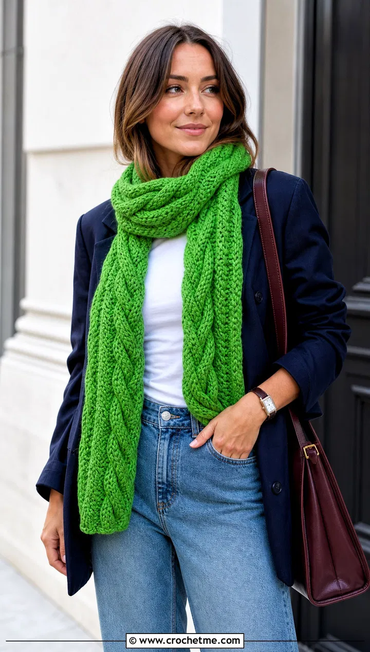 Vibrant Green Scarf Adds a Bold Touch to a Classic Blazer — Scarf Outfits