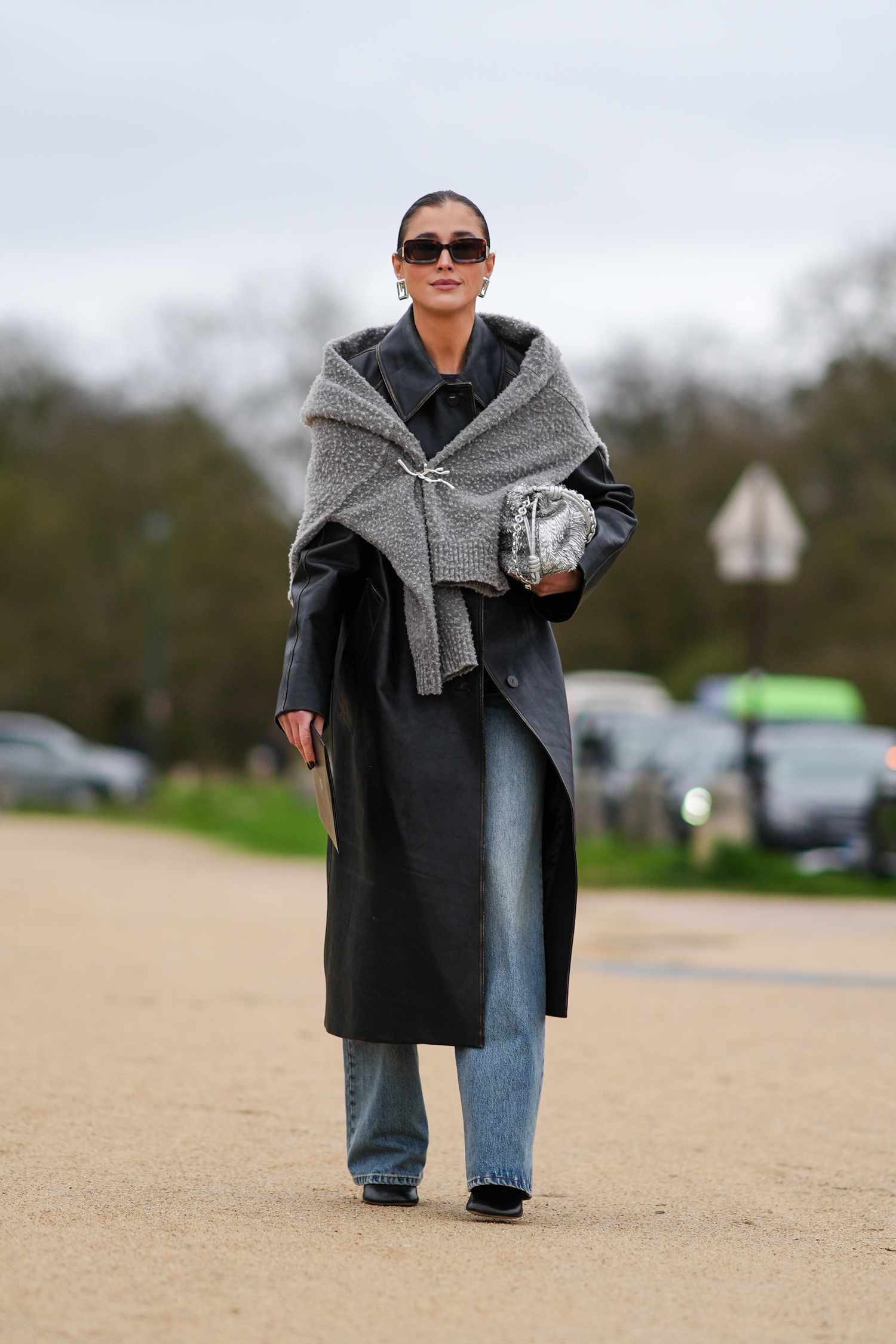 Chunky Knit Shawl as a Statement Scarf with Leather Trench — Scarf Outfits