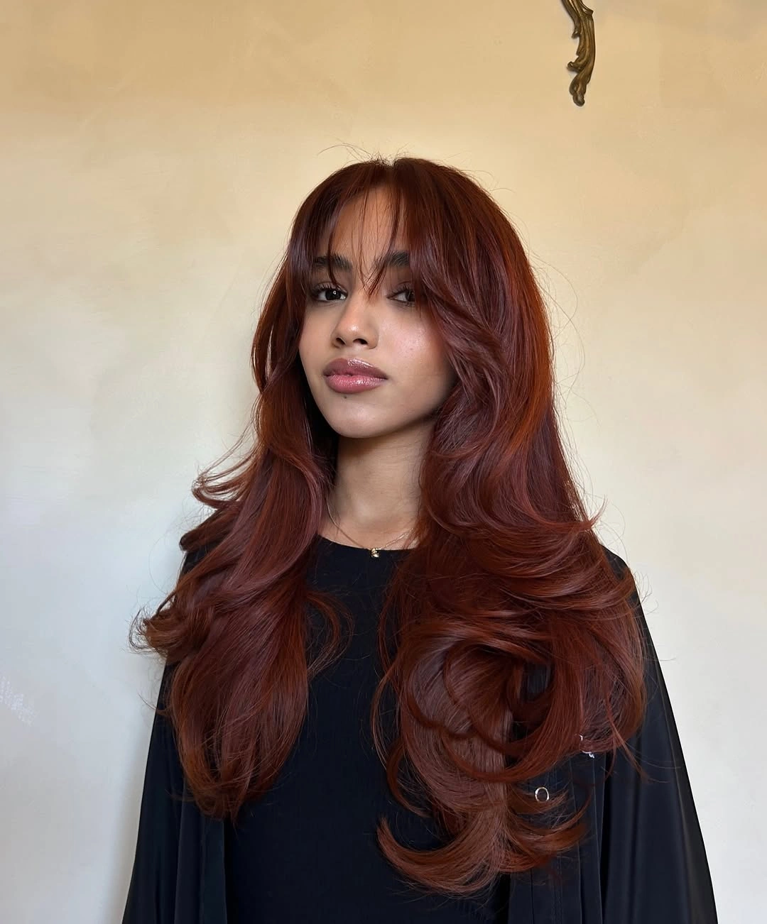 november hair colours 2026 Rich Cherry Auburn With Bangs