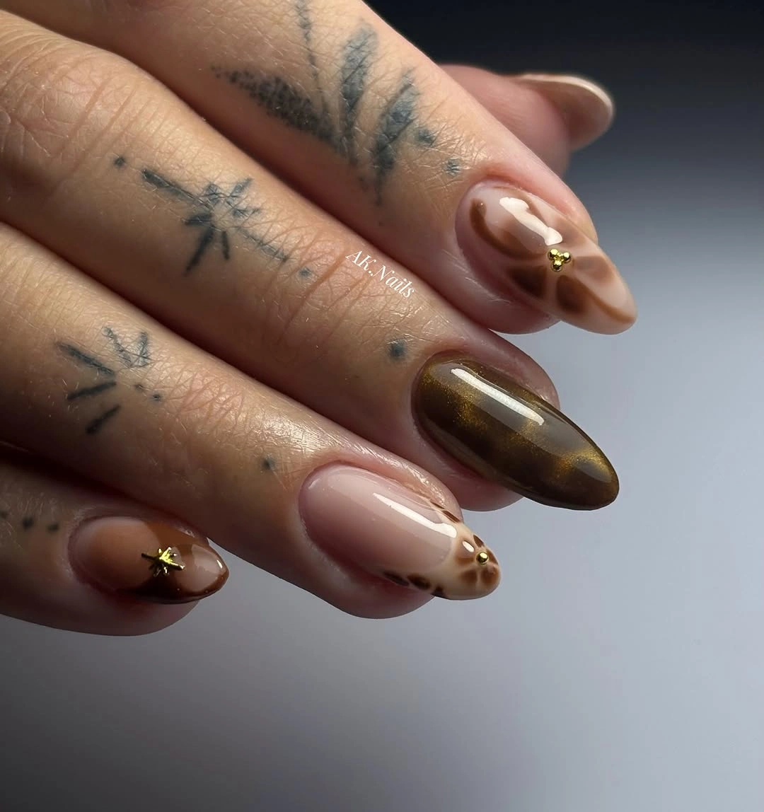 November nails colors 2026 Warm Mocha Cat Eye Almond Nails