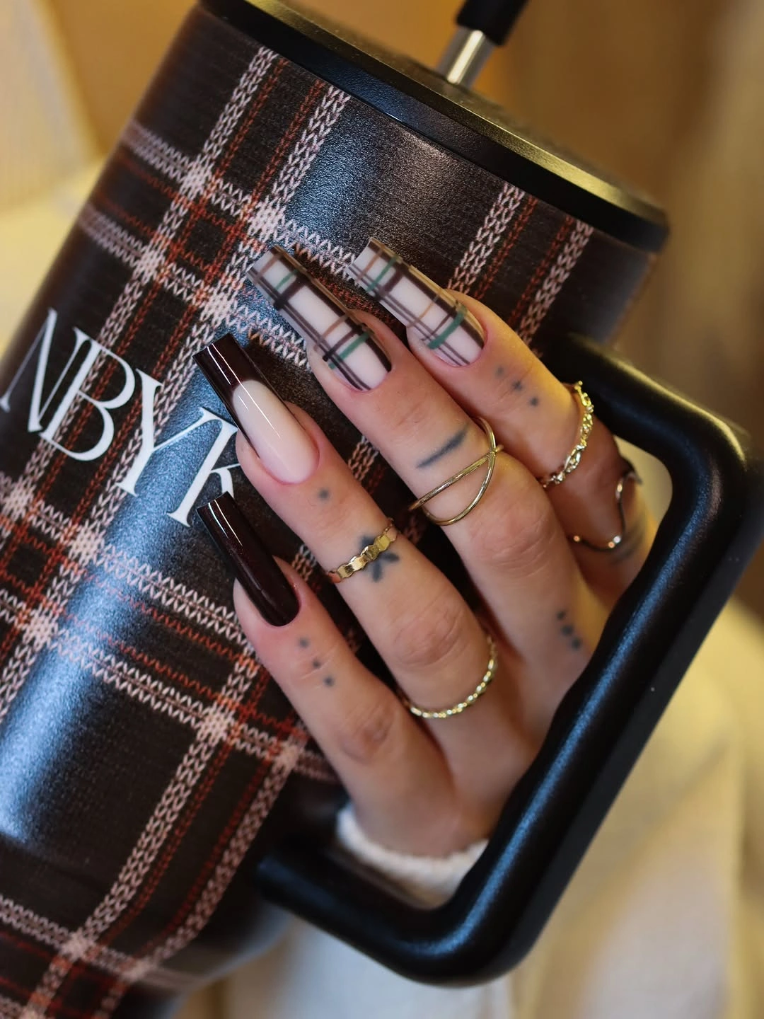 November nails colors 2026 Autumn Plaid Square Nails