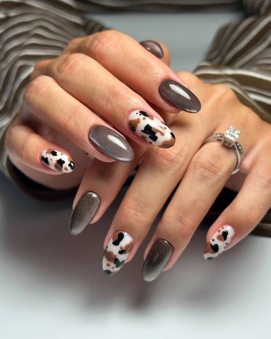 November nails colors 2026 Chocolate Cow Print With Smoky Chrome