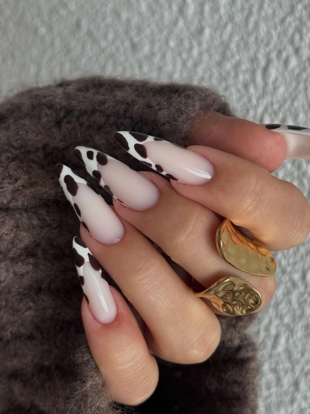 November nails colors 2026 Milky Cow Print Almond Nails