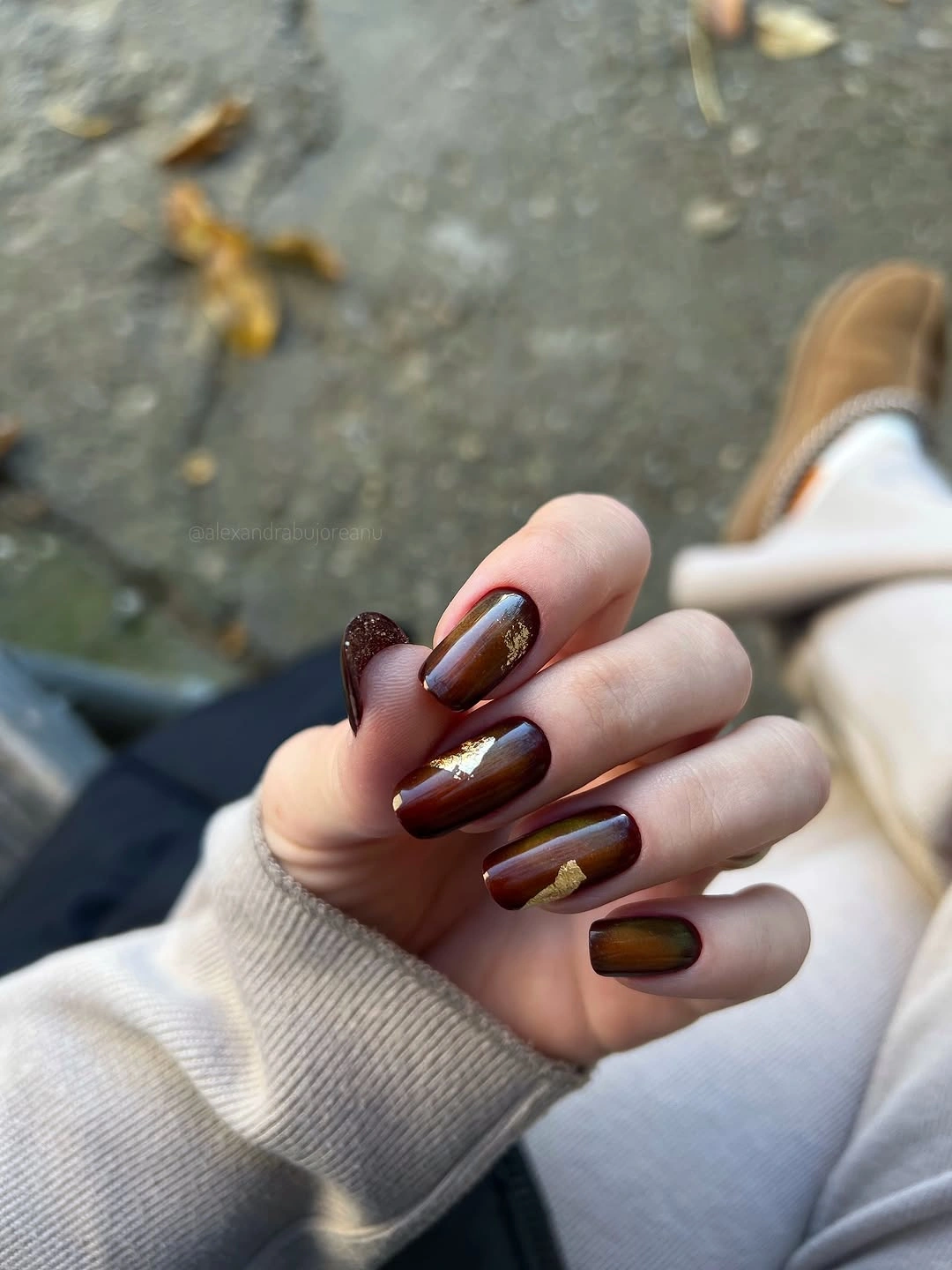 November nails colors 2026 Glossy Espresso Brown With Gold Flecks