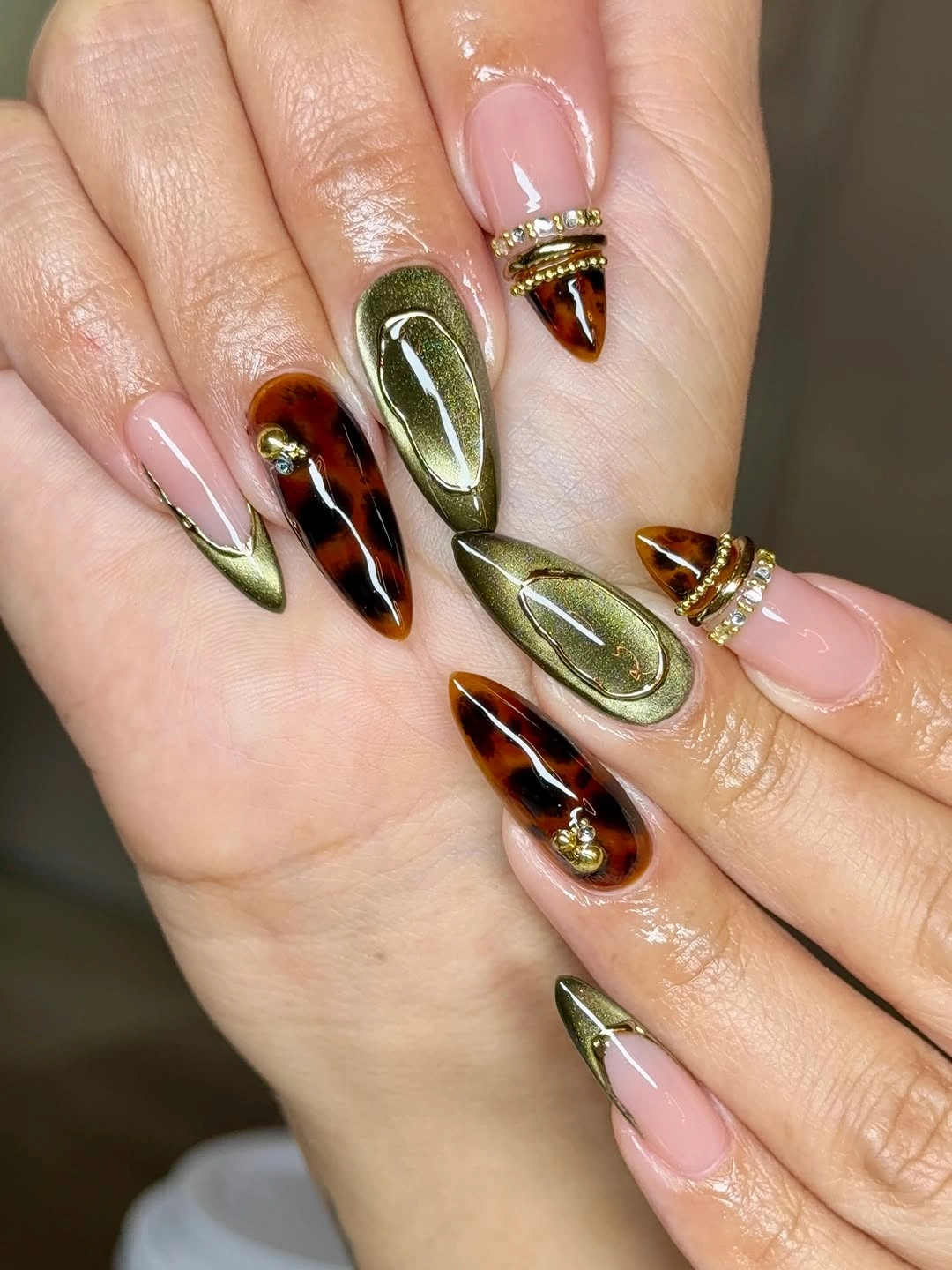 November nails ideas 2026 Olive Green And Tortoiseshell French Nails