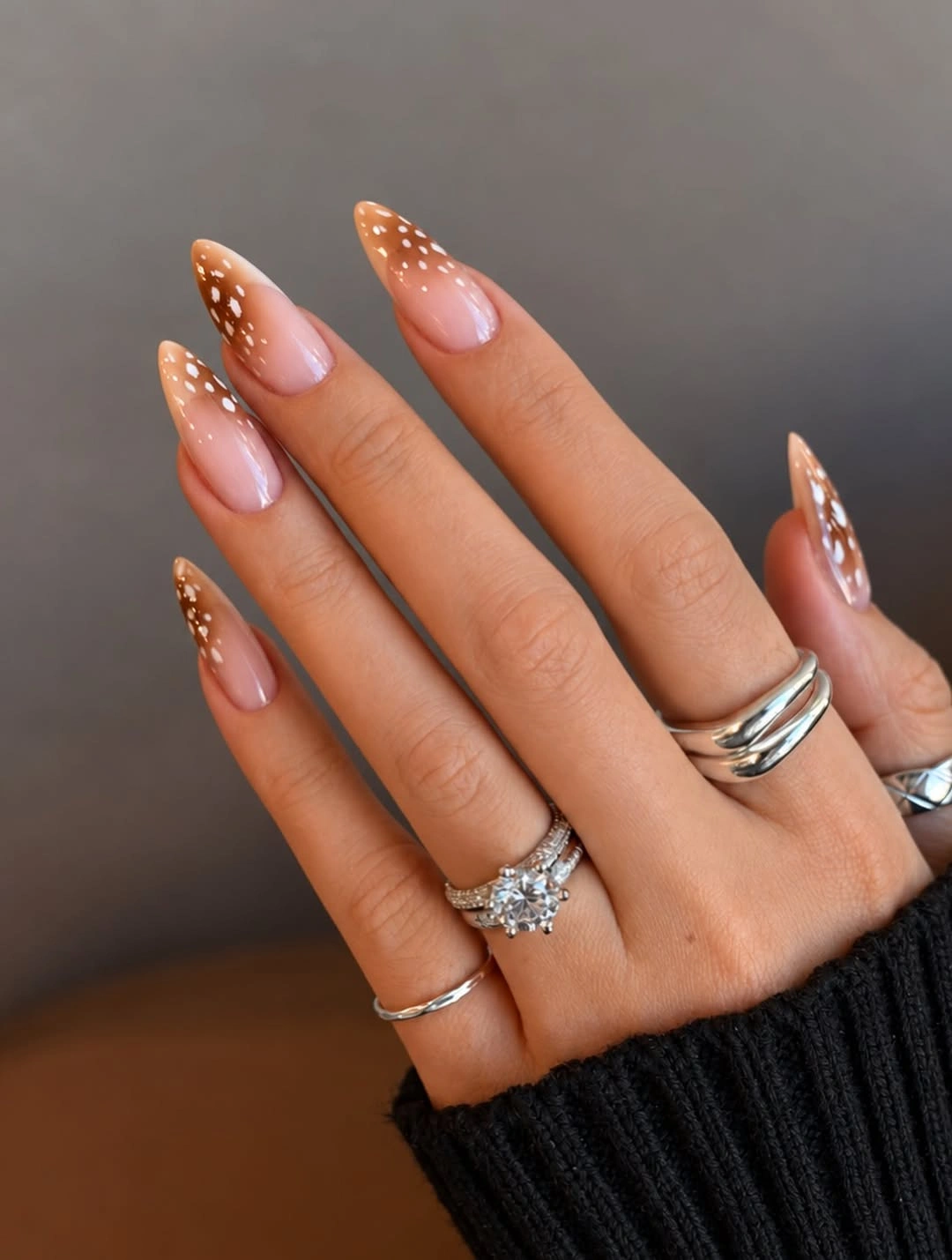 November nails ideas 2026 Soft Brown And White Minimalist Almond Nails