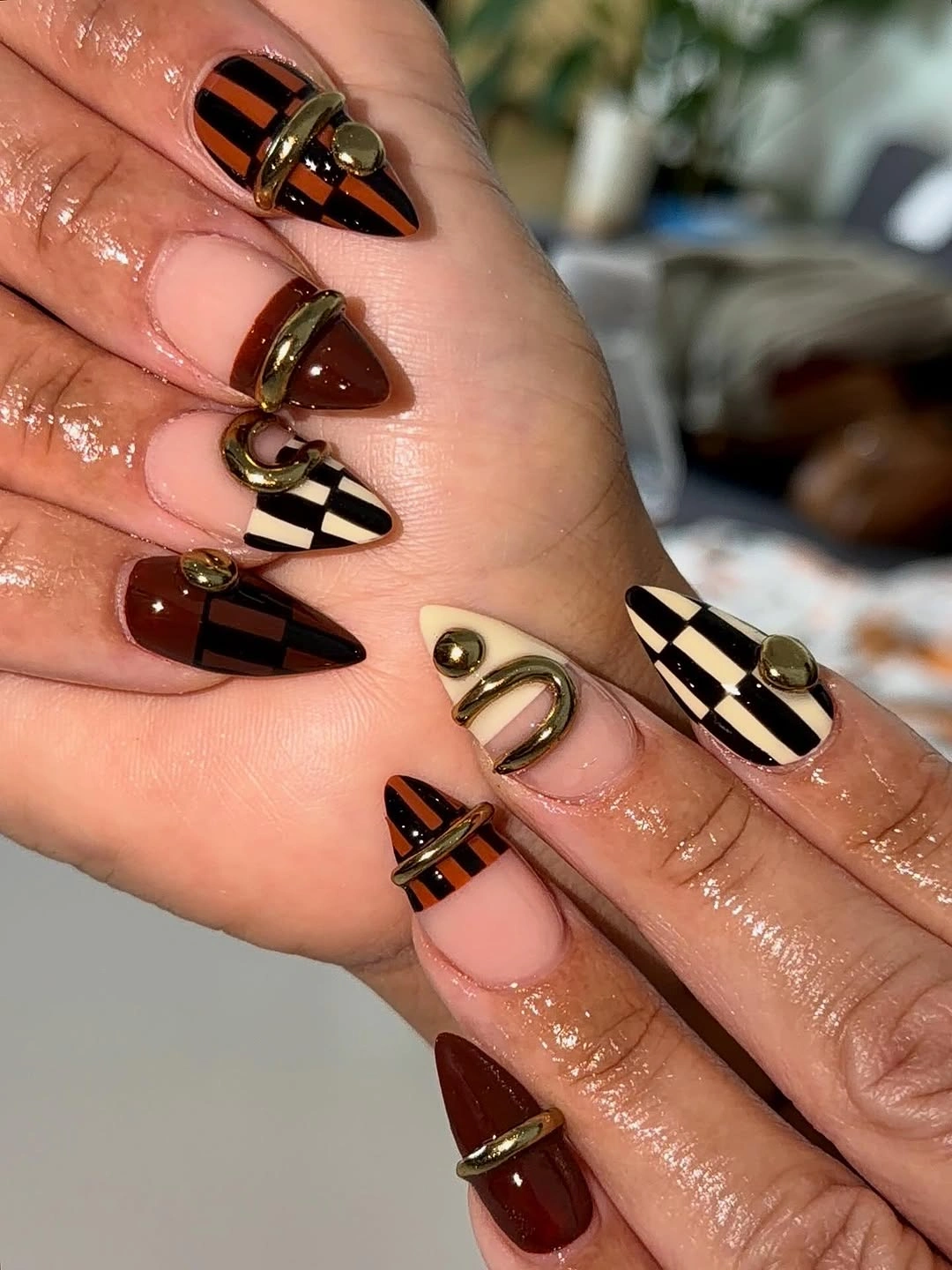November nails ideas 2026 Chocolate Burgundy And Gold French Nails