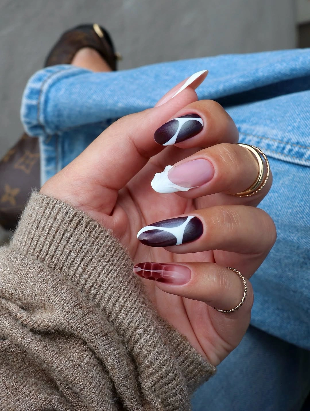 November nails ideas 2026 Plum And White Swirl French Nails