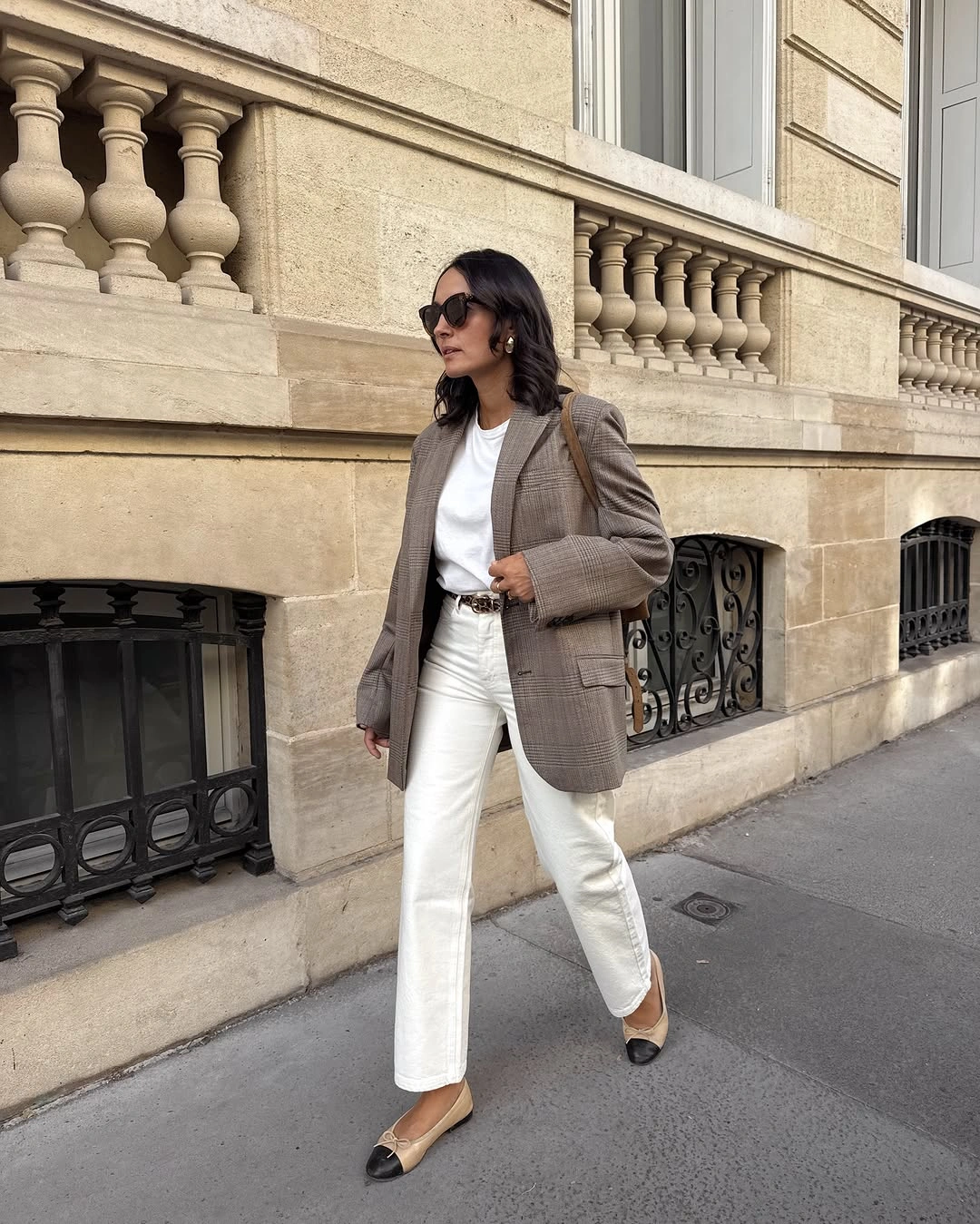 november outfits ideas 2026 Tailored Plaid Blazer With Cream Denim