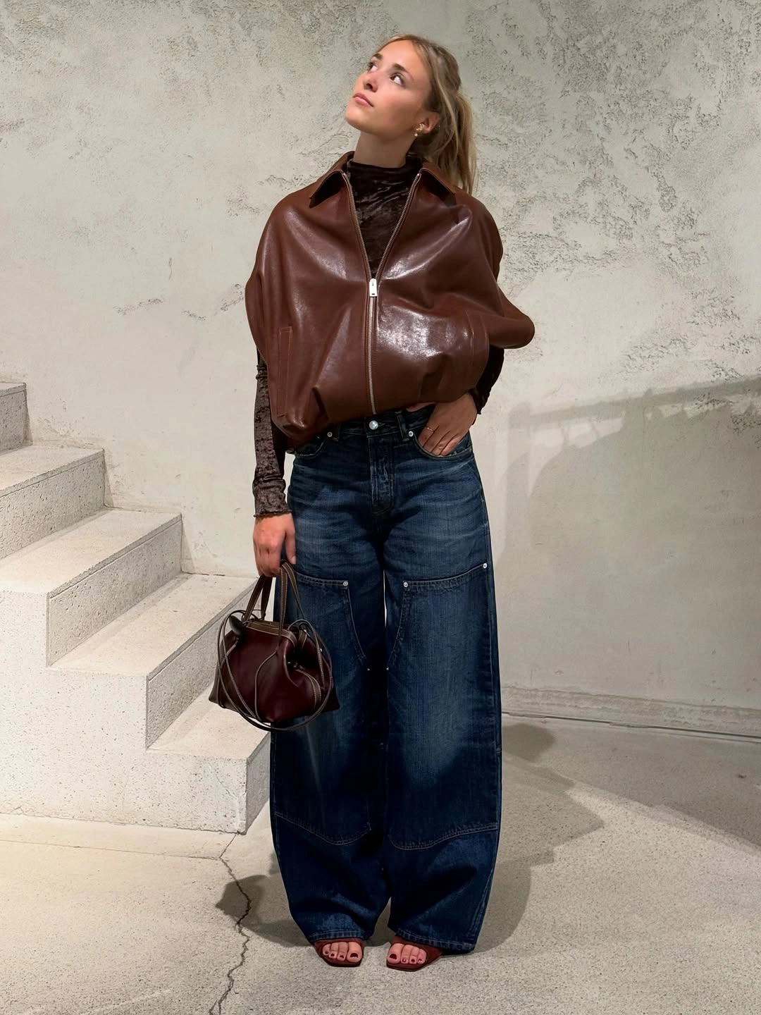november outfits ideas 2026 Chocolate Leather Jacket With Dark Denim