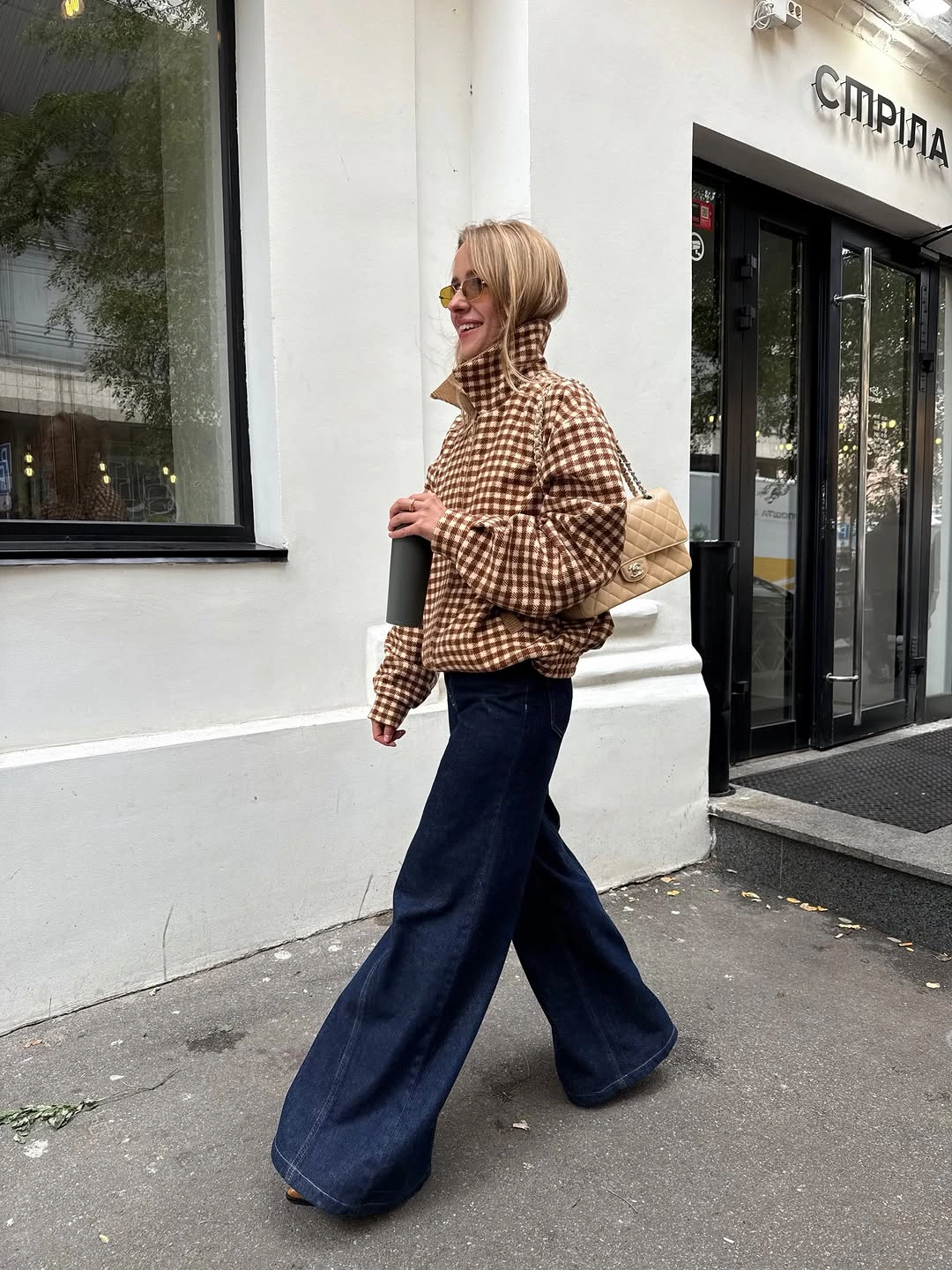 november outfits ideas 2026 Checked Coat And Wide Leg Denim
