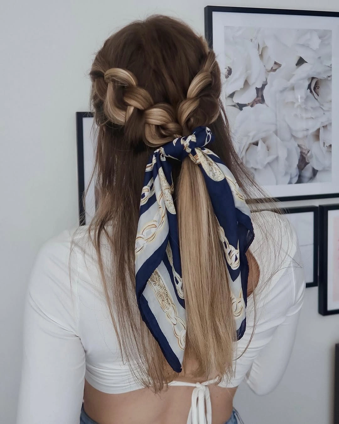 scarf hairstyle for women Braided Half Up Style With a Scarf Bow