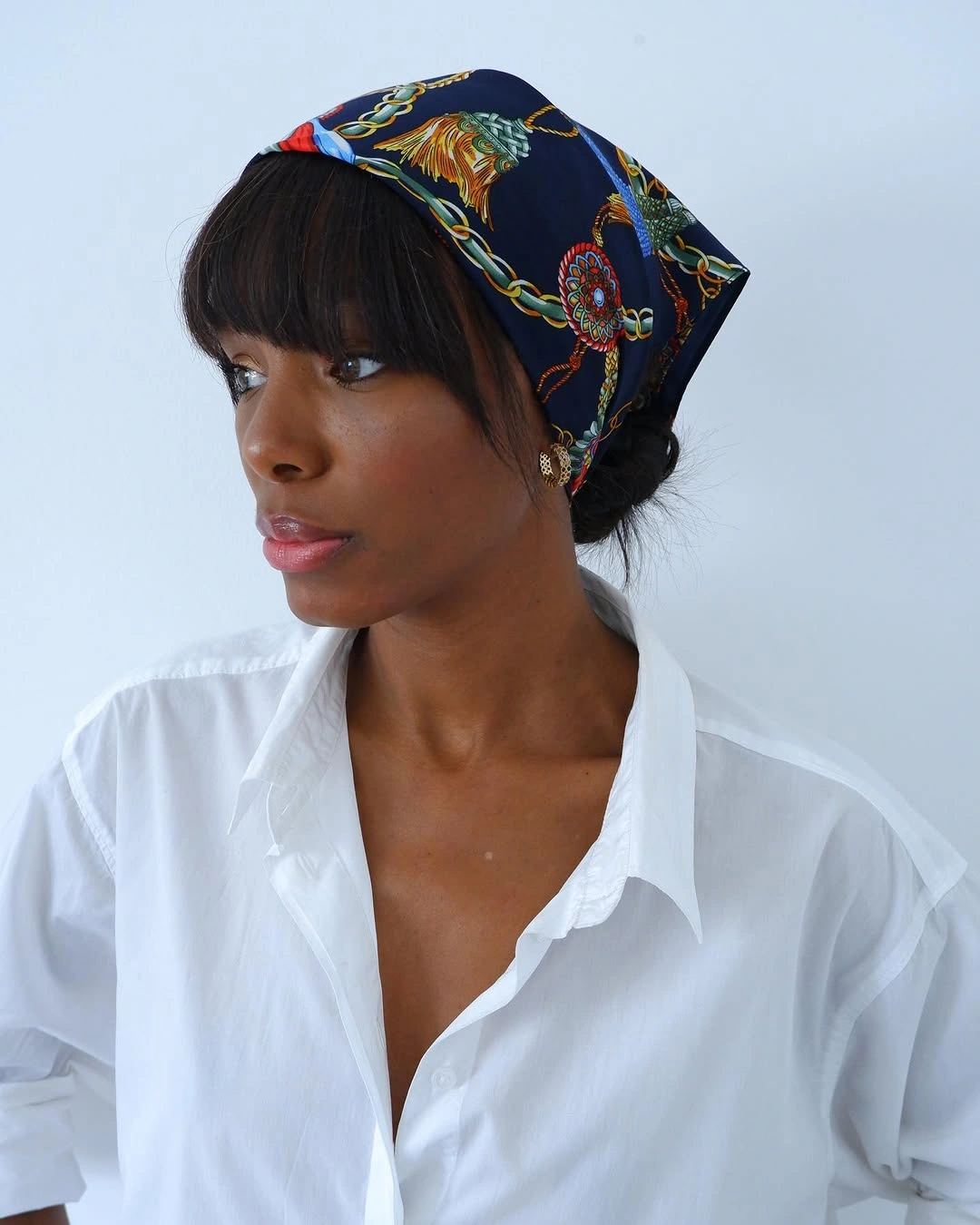 scarf hairstyle for women Silky Headscarf With a Low Bun
