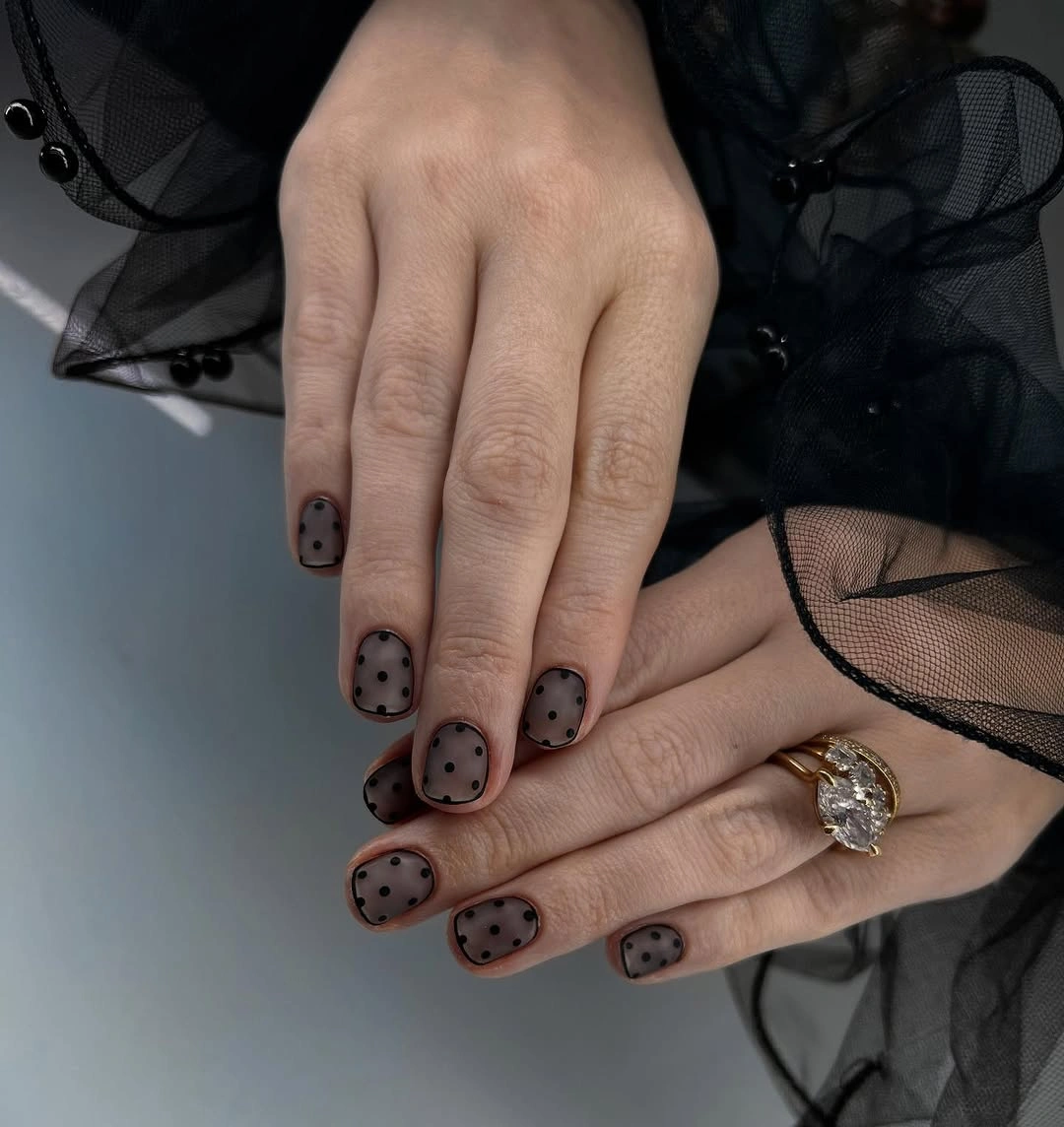 Short nails 2027 Sheer Black Polka Dot Short Nails