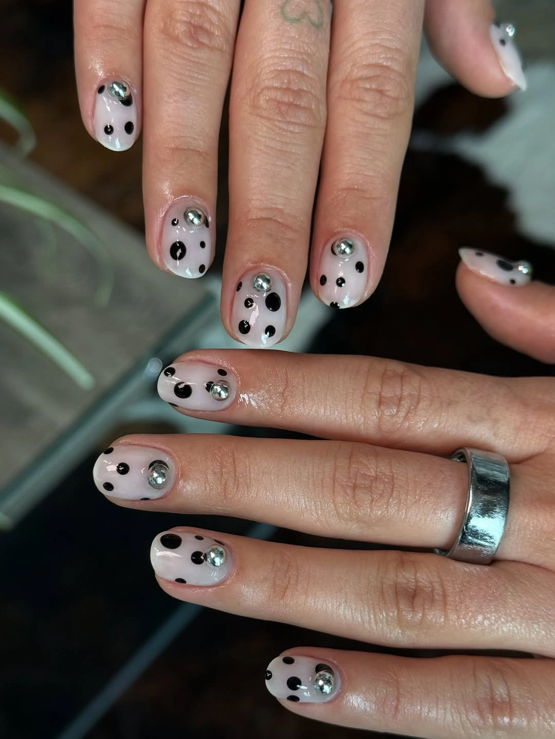 Short nails 2027 Milky White Nails With Black And Silver Dots