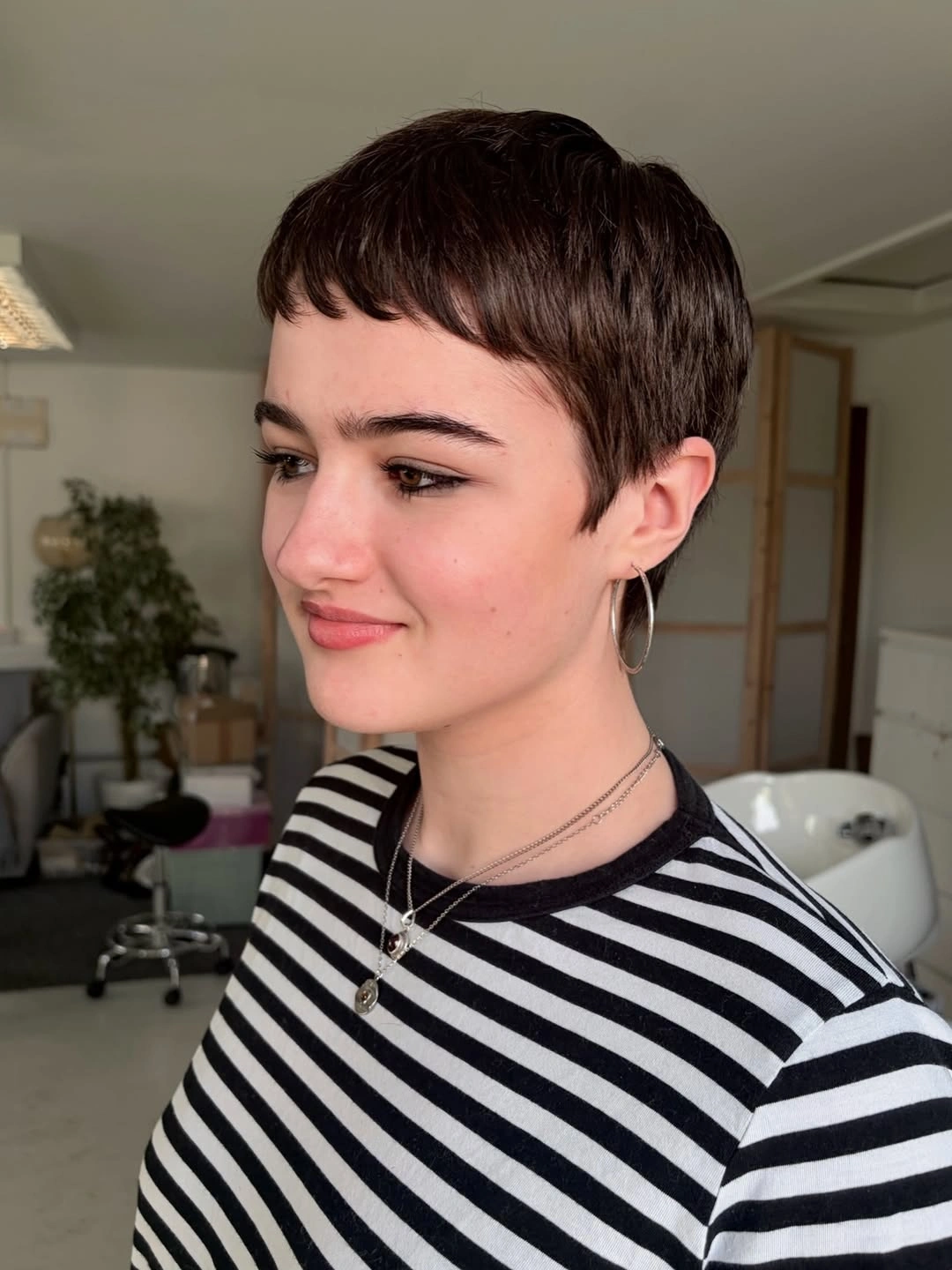 short pixie cuts for women Polished Brunette Pixie With Micro Bangs