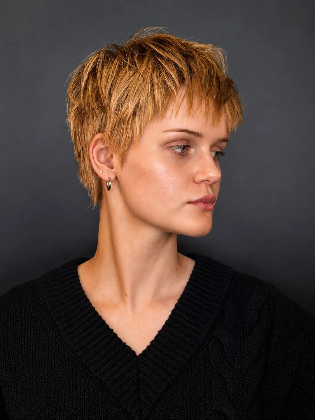 short pixie cuts for women Golden Copper Pixie With Piecey Bangs