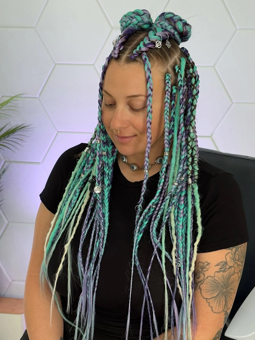 stylish colorful braids Mint And Lavender Braided Space Buns