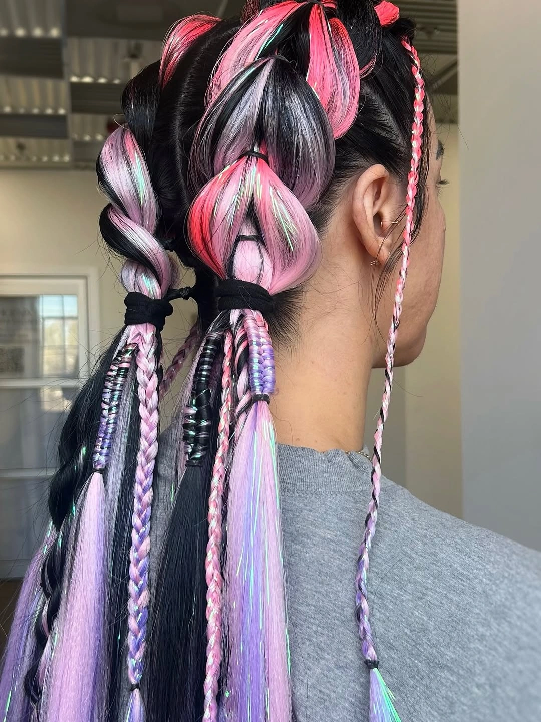 stylish colorful braids Pink And Lavender Bubble Braids