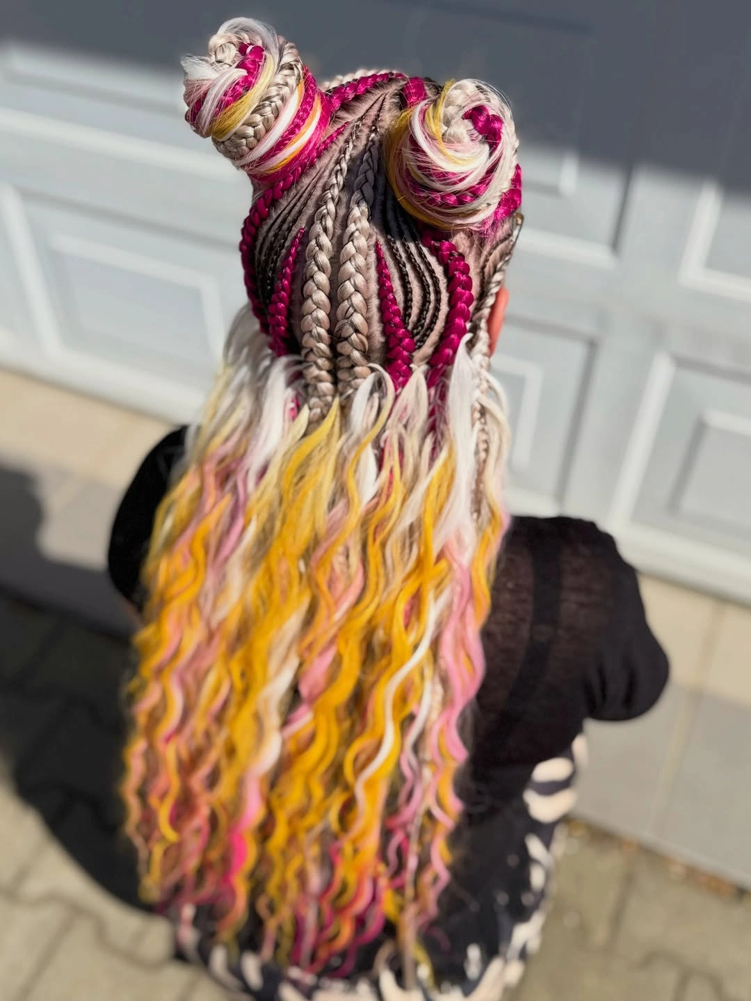 stylish colorful braids Pink And Golden Braided Space Buns