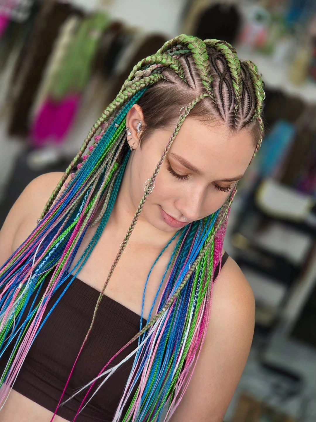 stylish colorful braids Green And Rainbow Micro Braids