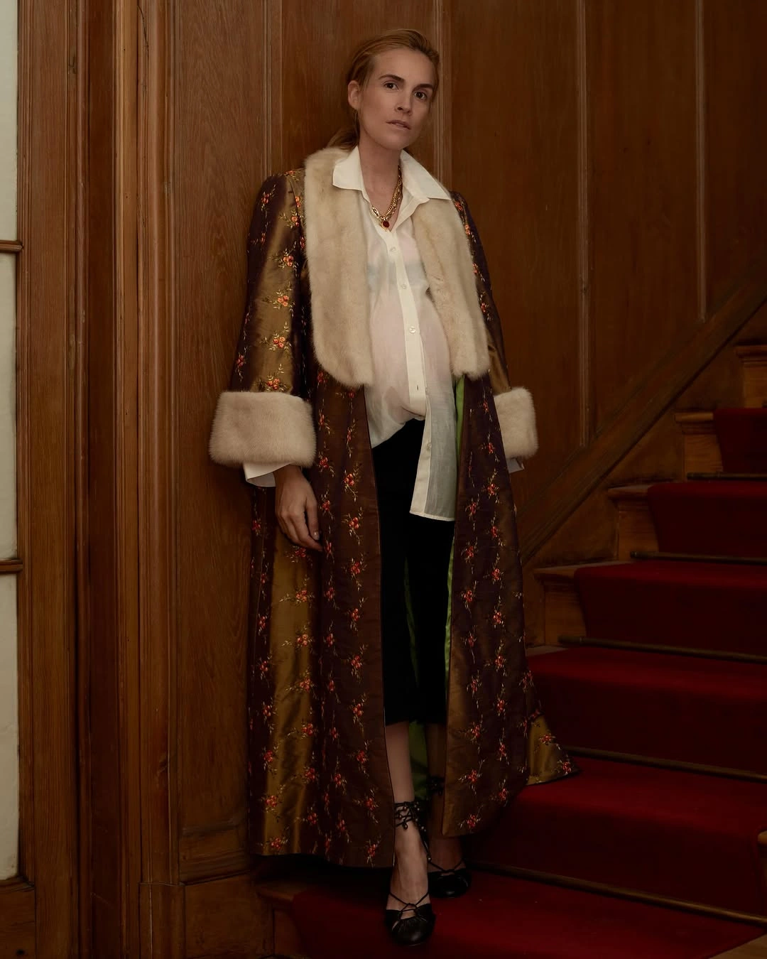 trendy coats 2027 - Brocade coat with fur trim and tailored layers