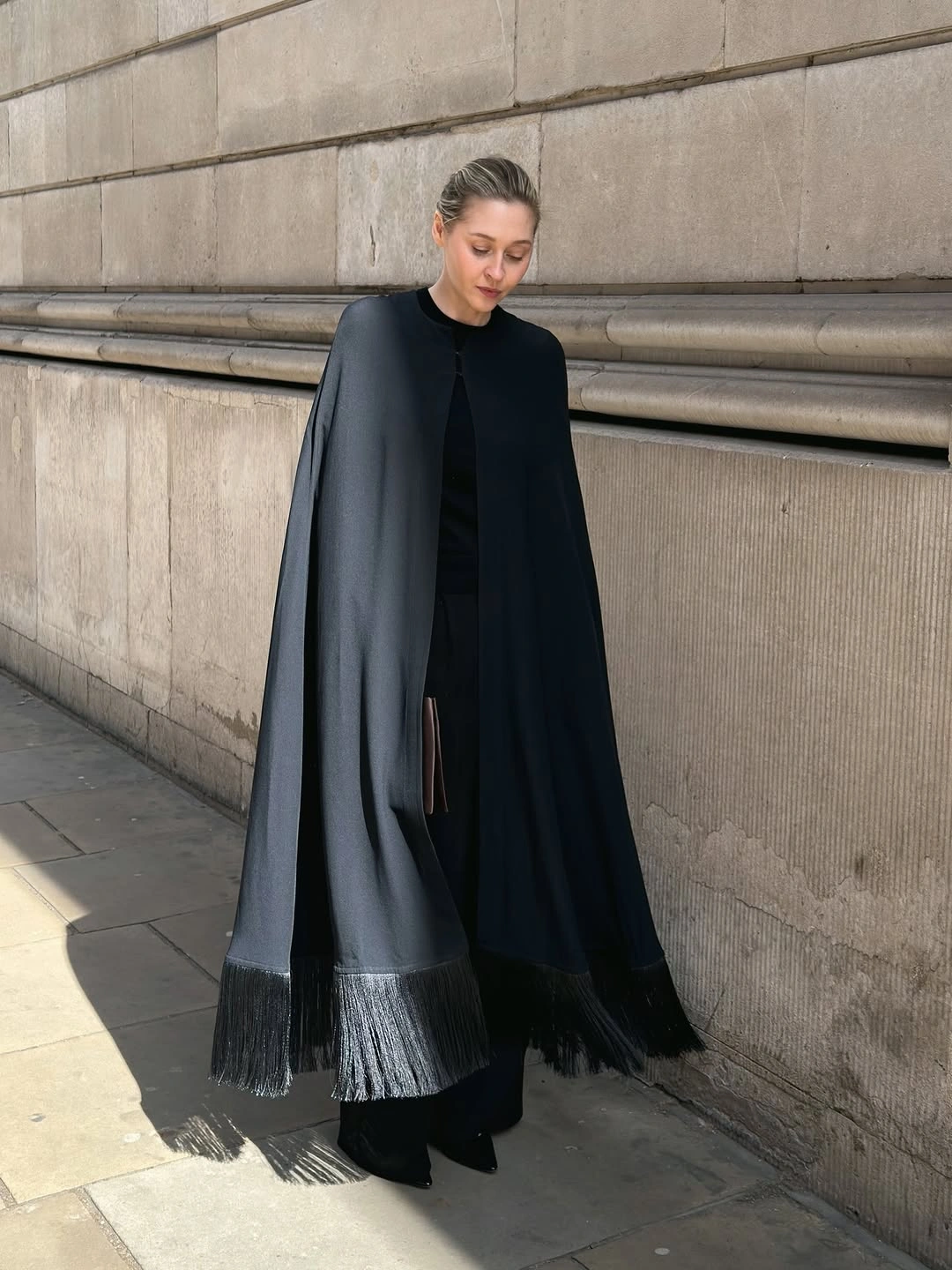 trendy coats 2027 Black Cape With Fringe Drama