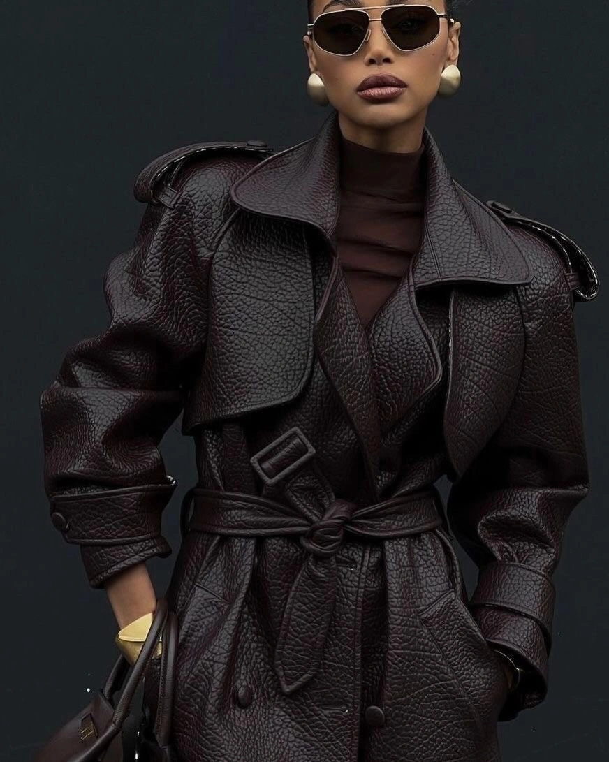 trendy coats 2027 Burgundy Leather Statement Coat