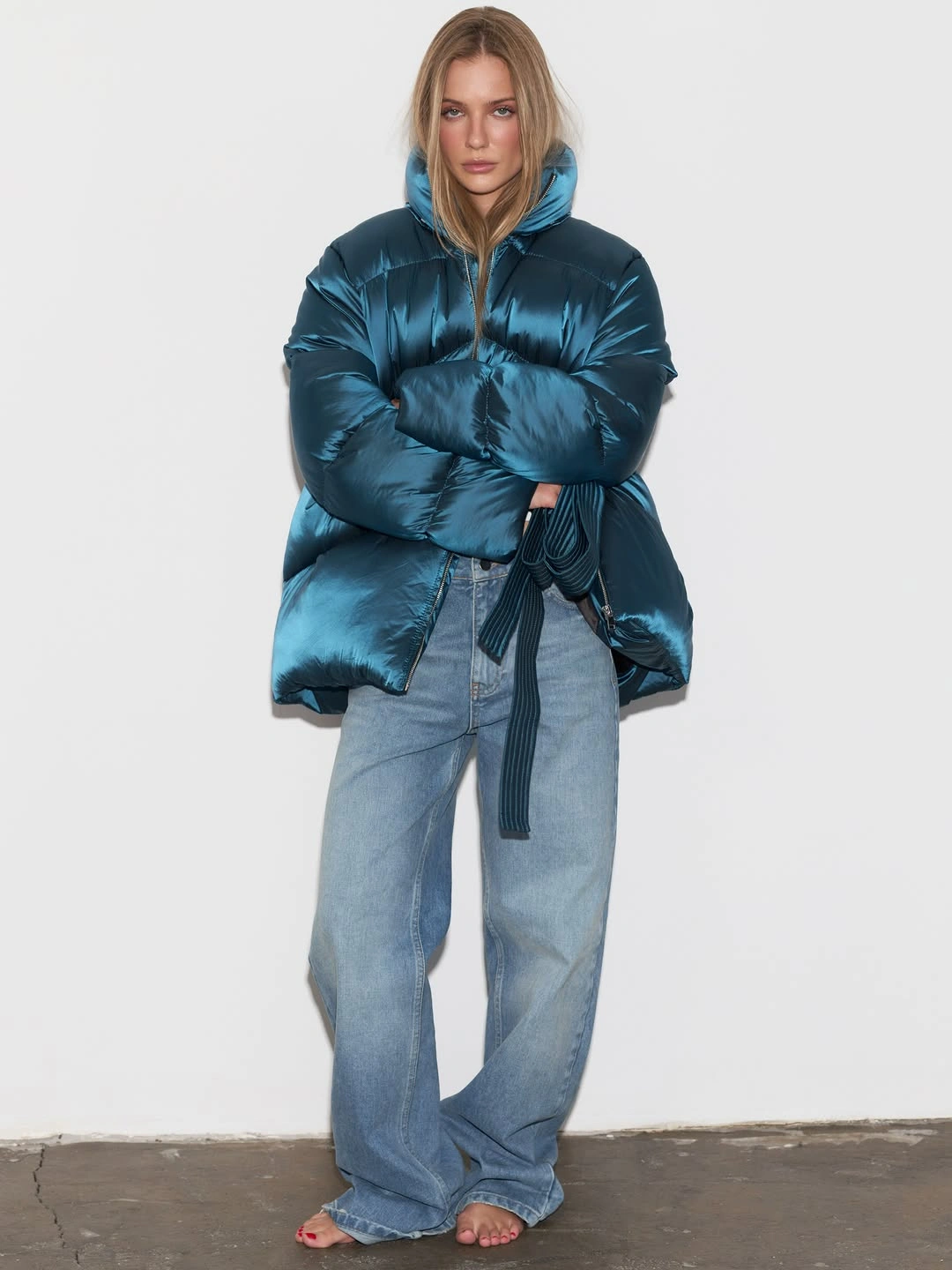 trendy down jackets 2027 Glossy Teal With Relaxed Denim