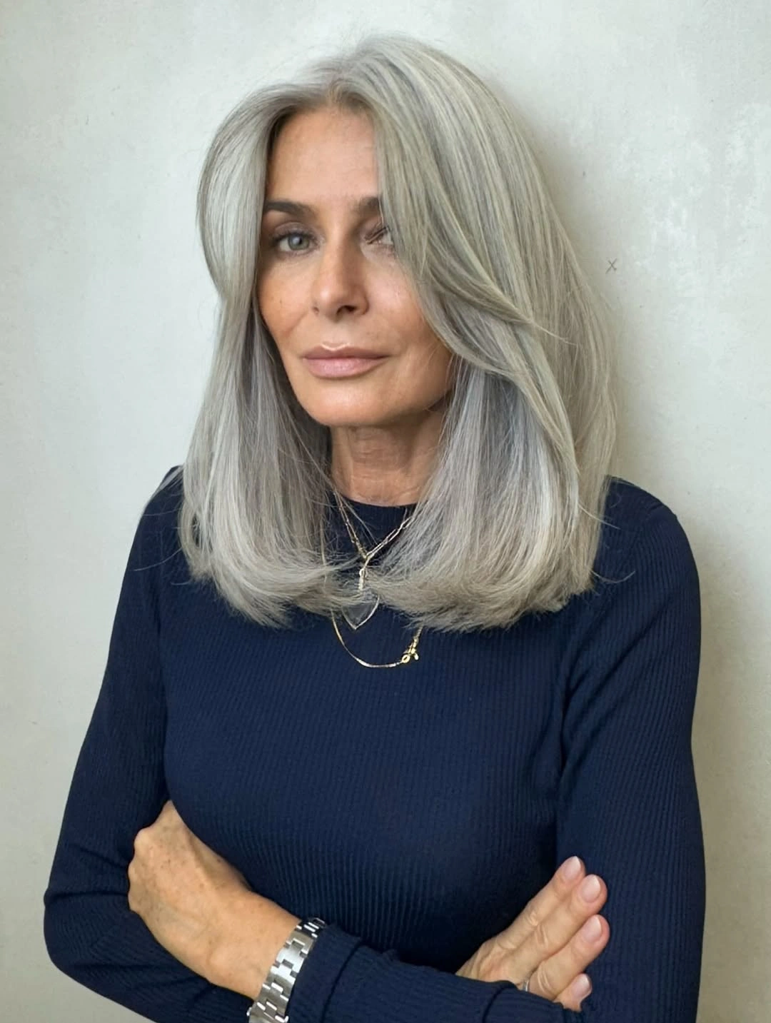 trendy haircuts for women over 40 2027 Polished Silver Mid Length Cut