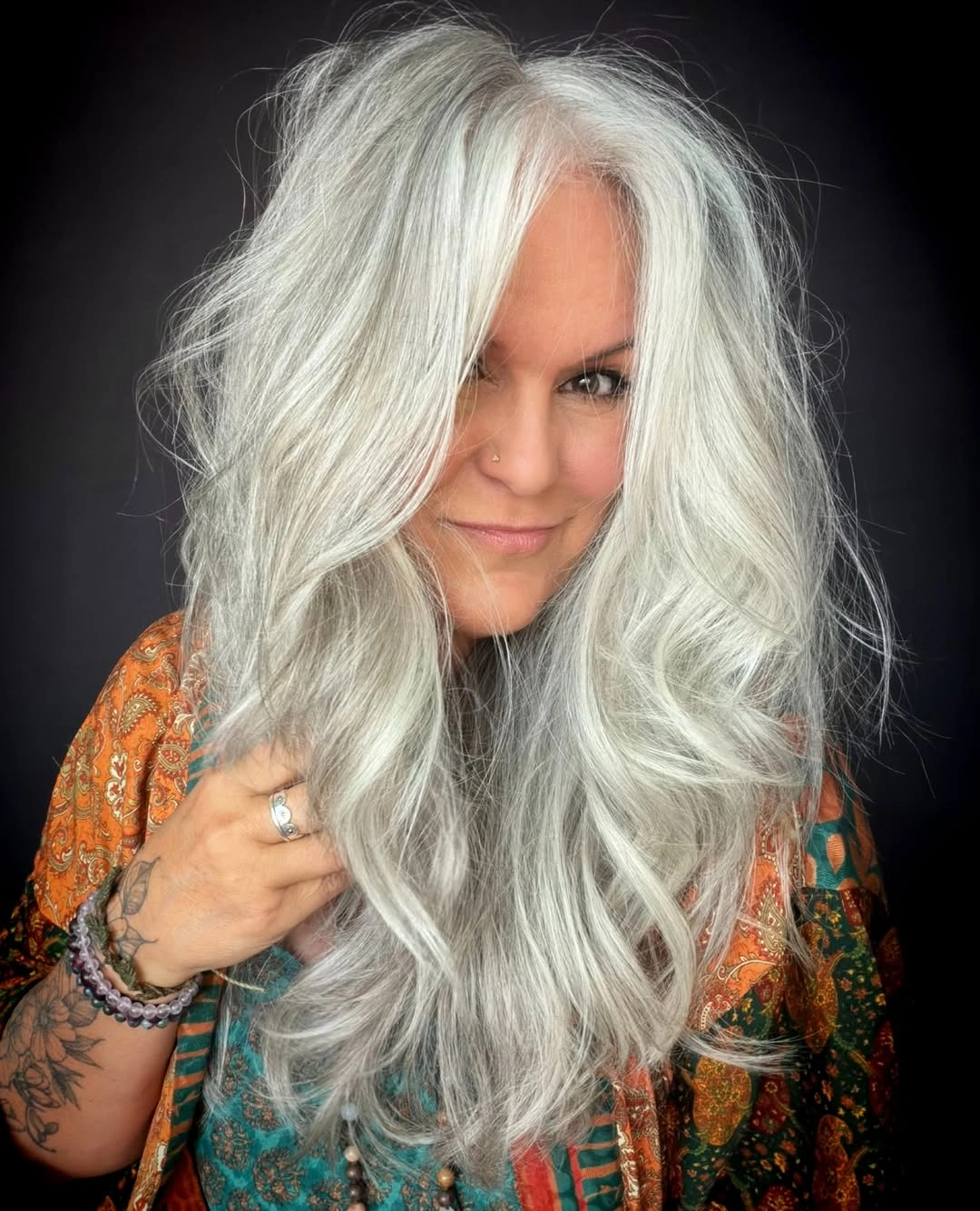 trendy haircuts for women over 40 2027 Flowing Silver Long Layers