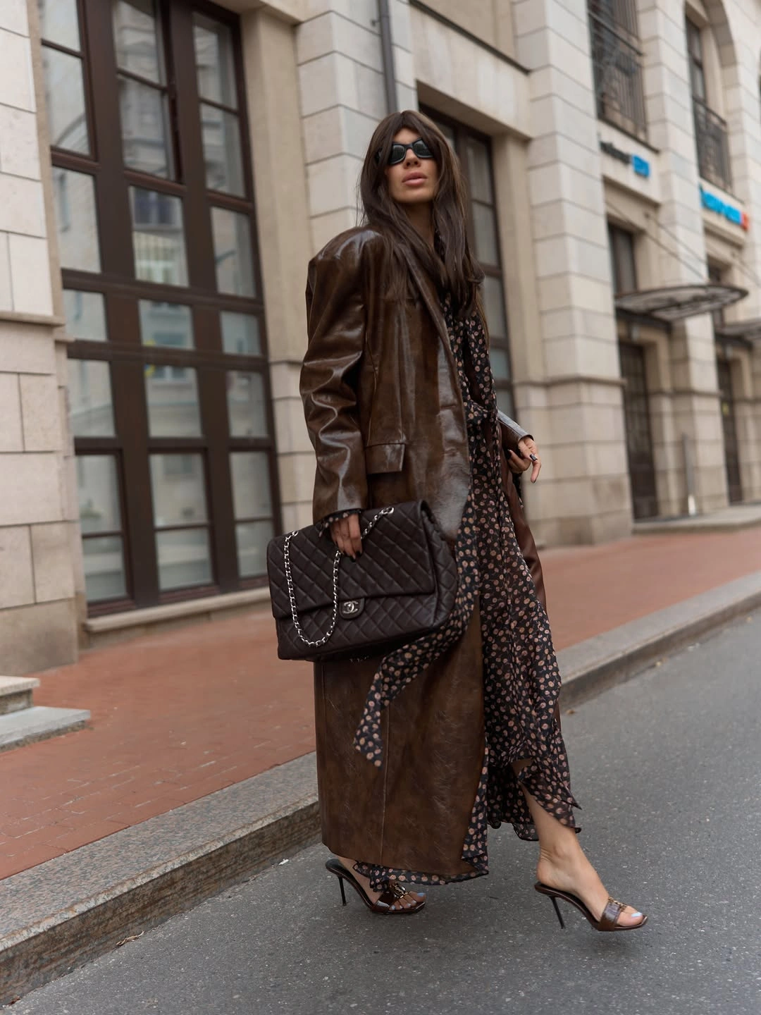trendy outfits for women over 30 2027 brown leather coat floral dress outfit