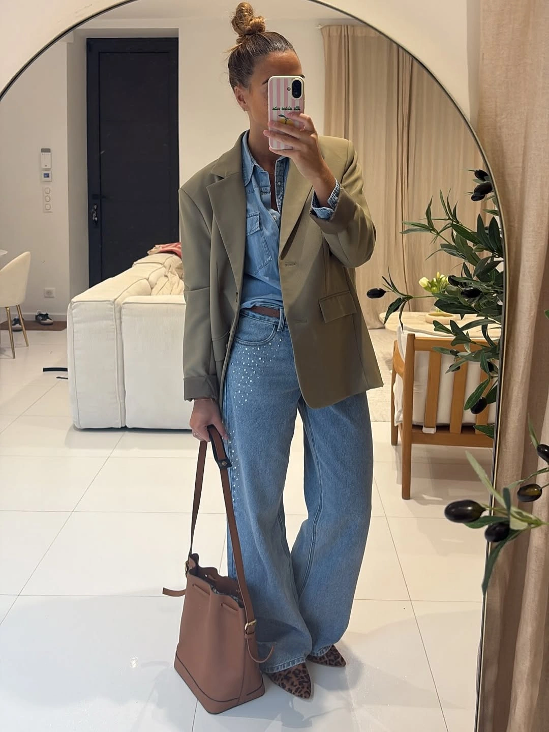 trendy outfits for women over 40 2027 - Relaxed Denim With A Polished Olive Blazer