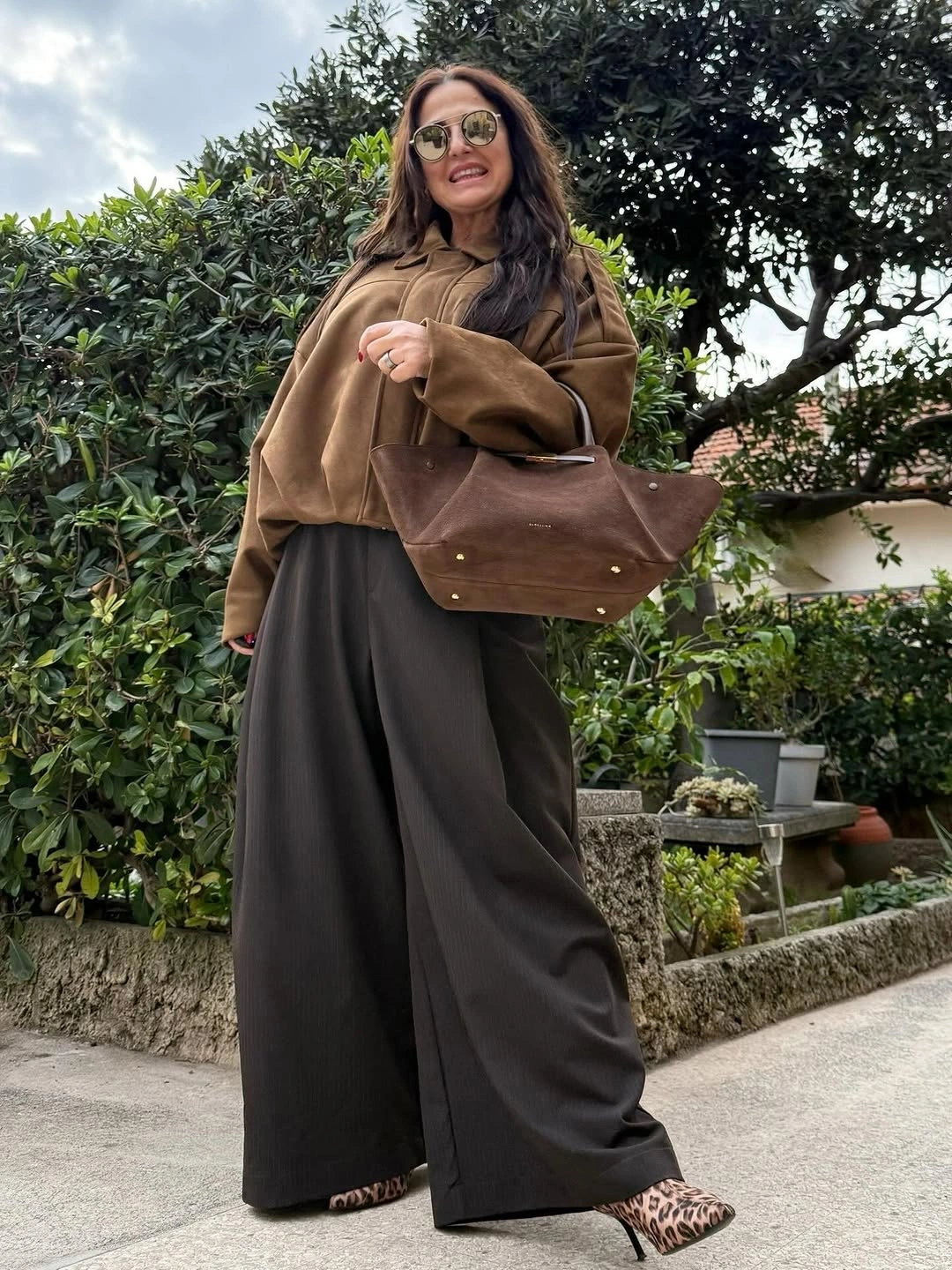 trendy outfits for women over 40 2027 - Chocolate Brown Layers With Wide Leg Trousers