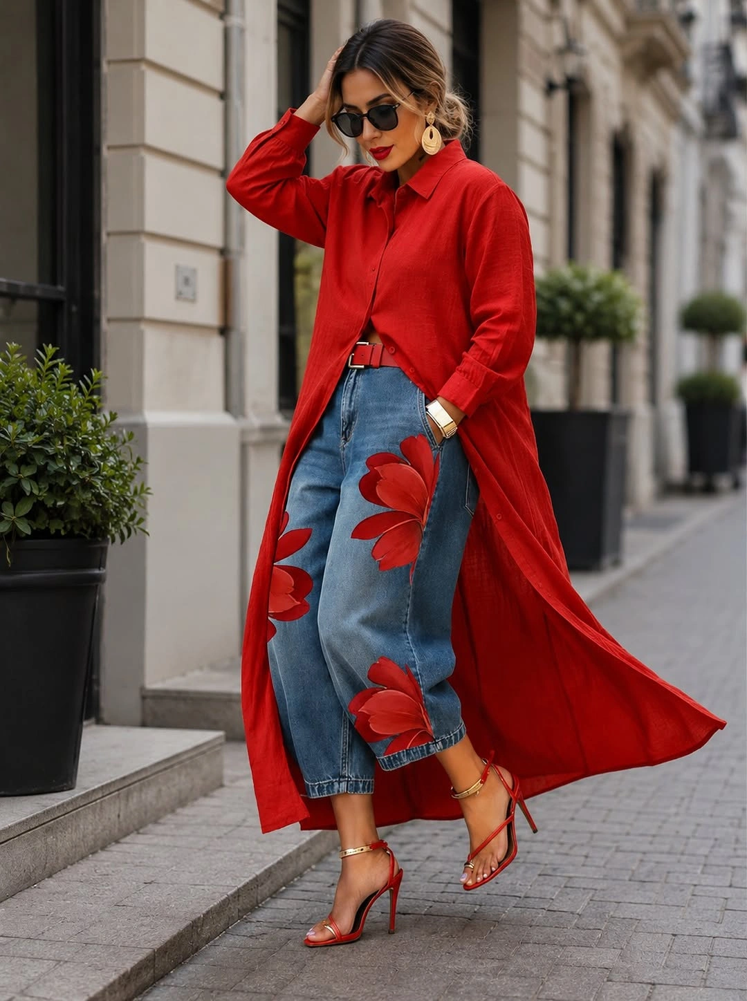 trendy outfits for women over 50 2027 Bold Red Layers With Statement Denim