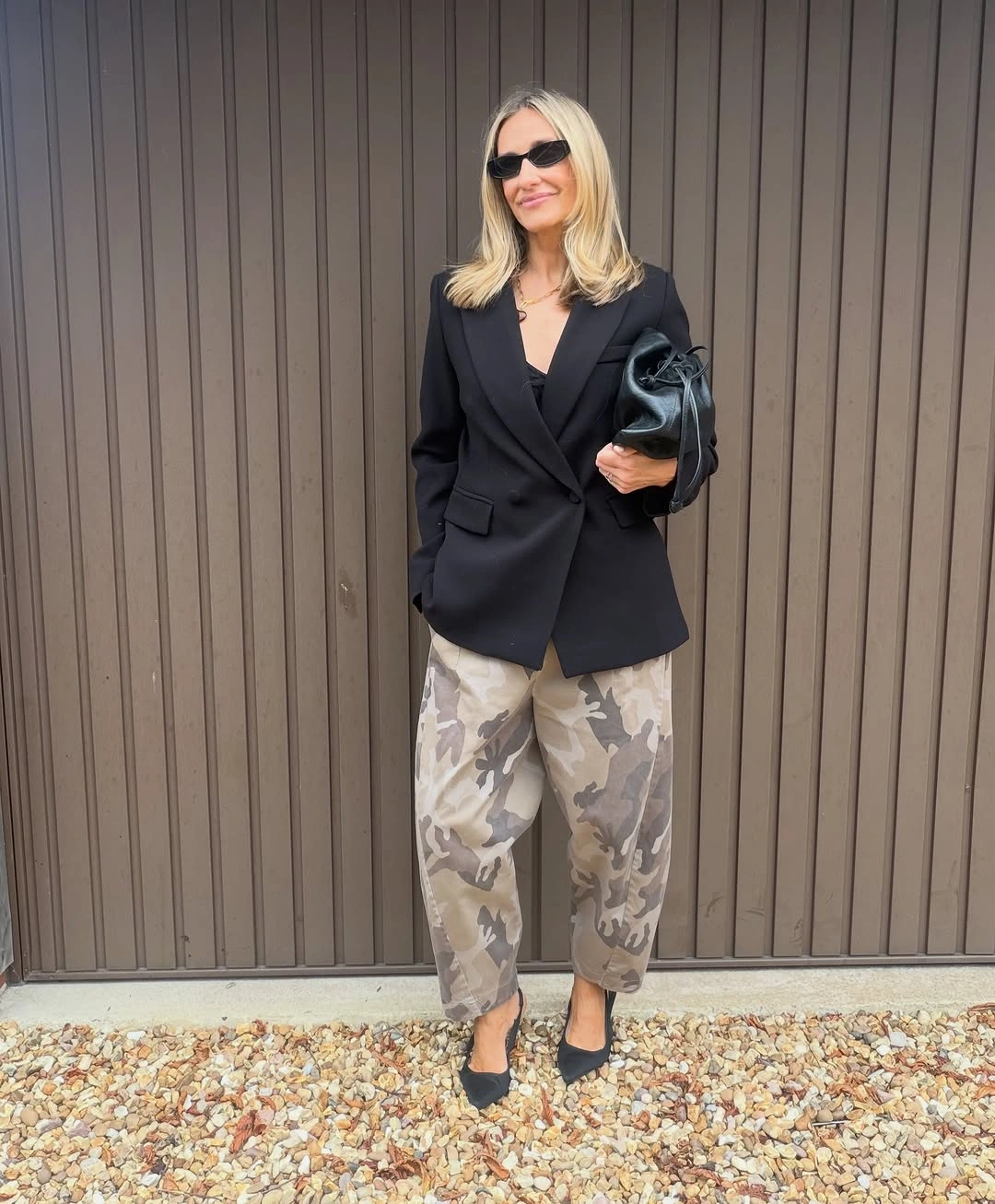 trendy outfits for women over 50 2027 Black Tailoring With Relaxed Camouflage