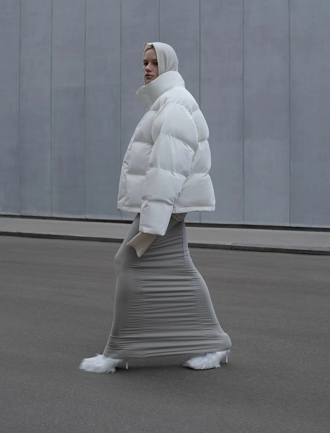 trendy puffer jackets 2027 Cloud White Puffer With a Maxi Skirt