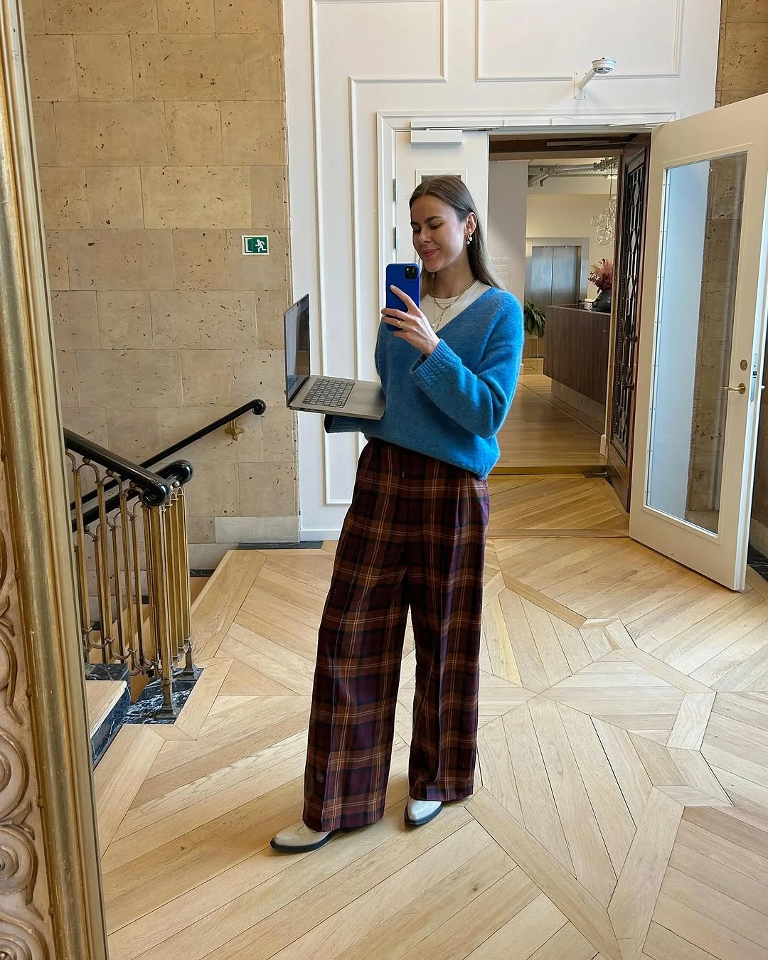 trendy winter business casual outfits Blue Knit With Plaid Trousers