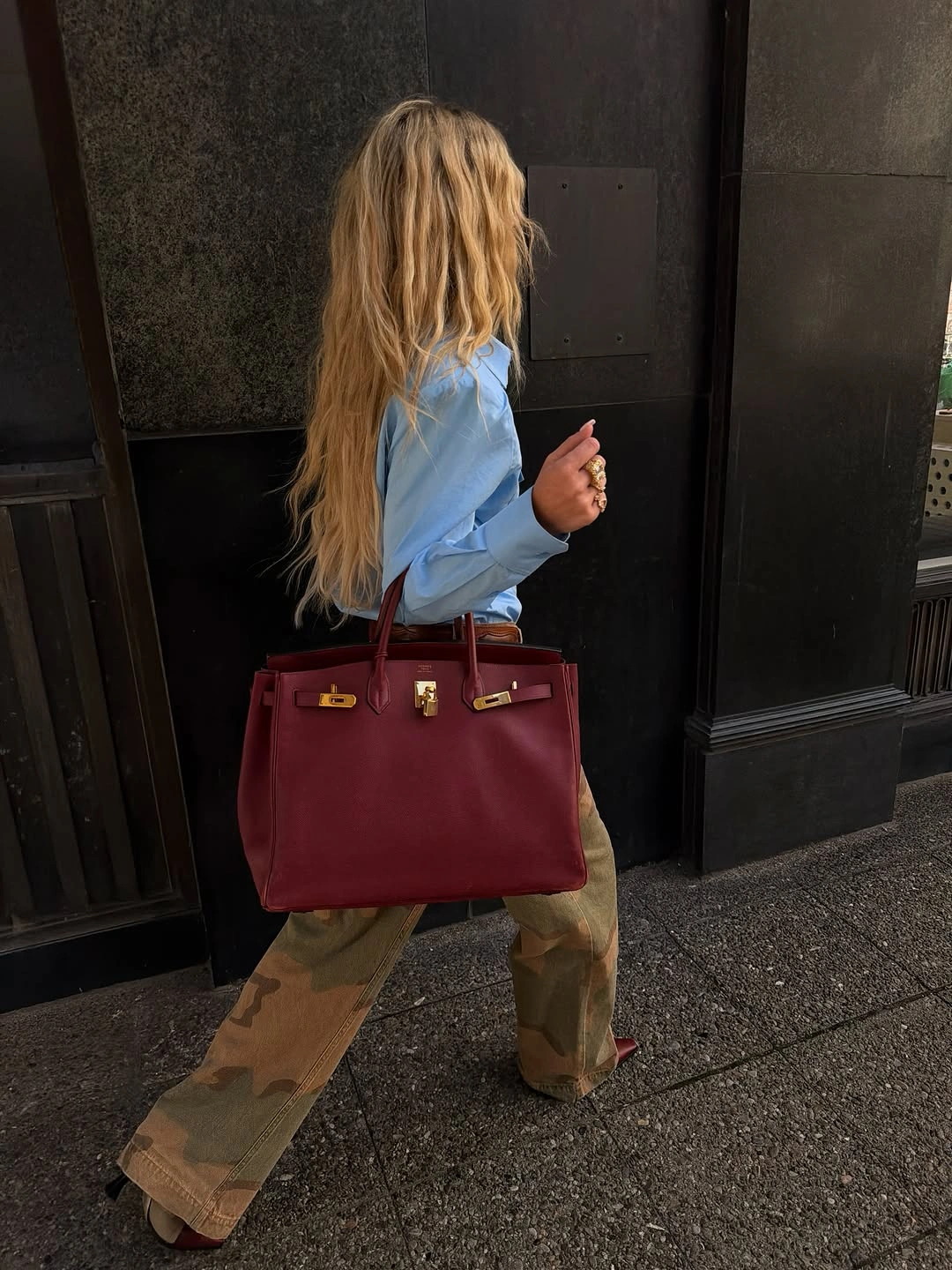 trendy winter business casual outfits Blue Shirt With Camo Trousers