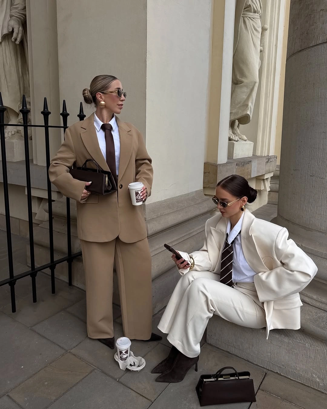 trendy winter business casual outfits Camel and Ivory Winter Suits