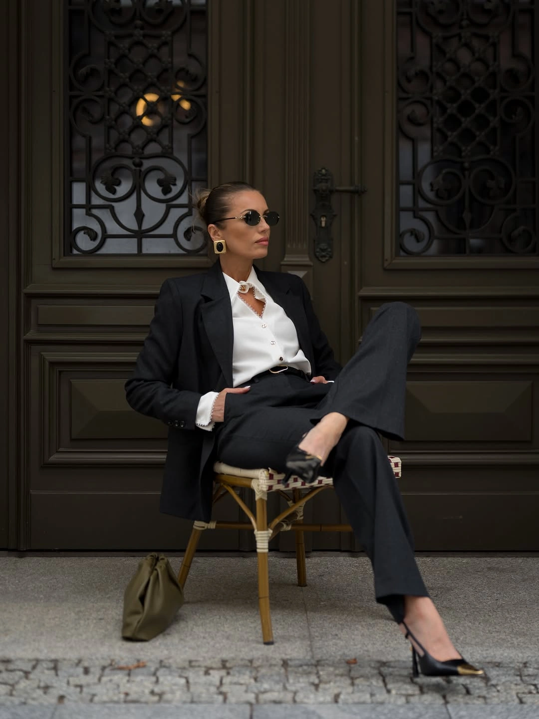 trendy winter business casual outfits Black Tailoring With a Romantic White Blouse
