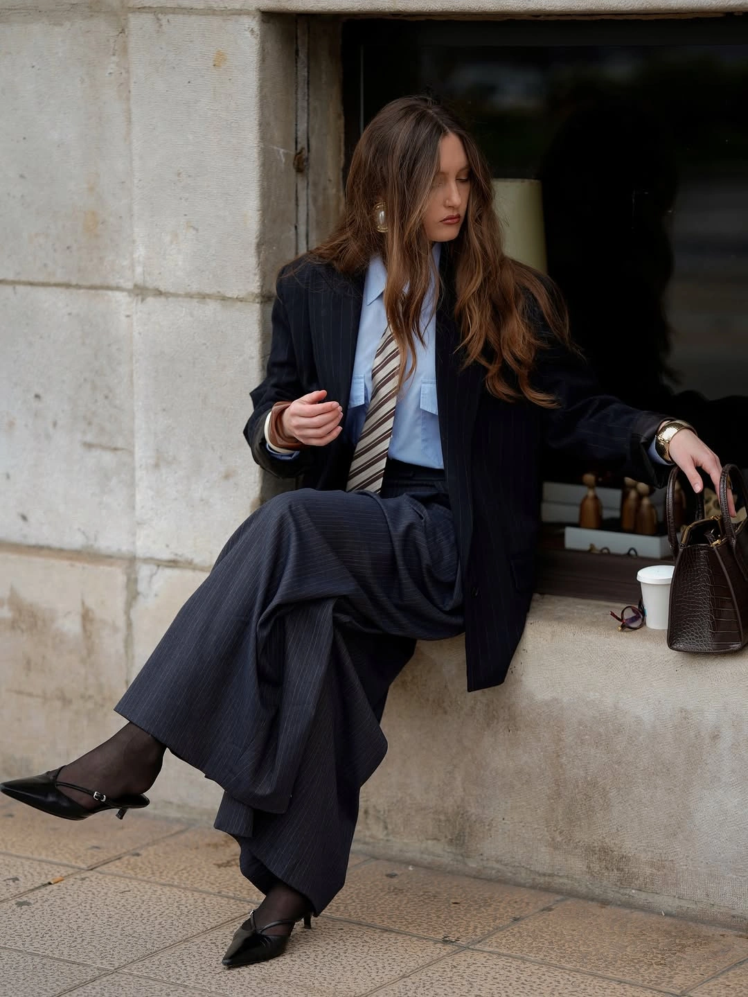 trendy winter business casual outfits Pinstripe Suit With an Oversized Tie