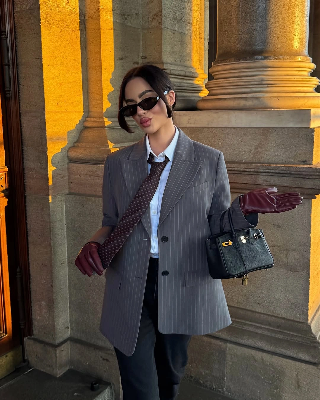 trendy winter business casual outfits Grey Pinstripes and Burgundy Leather