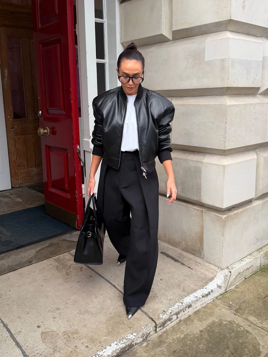 trendy winter business casual outfits Leather Bomber With Wide Black Trousers