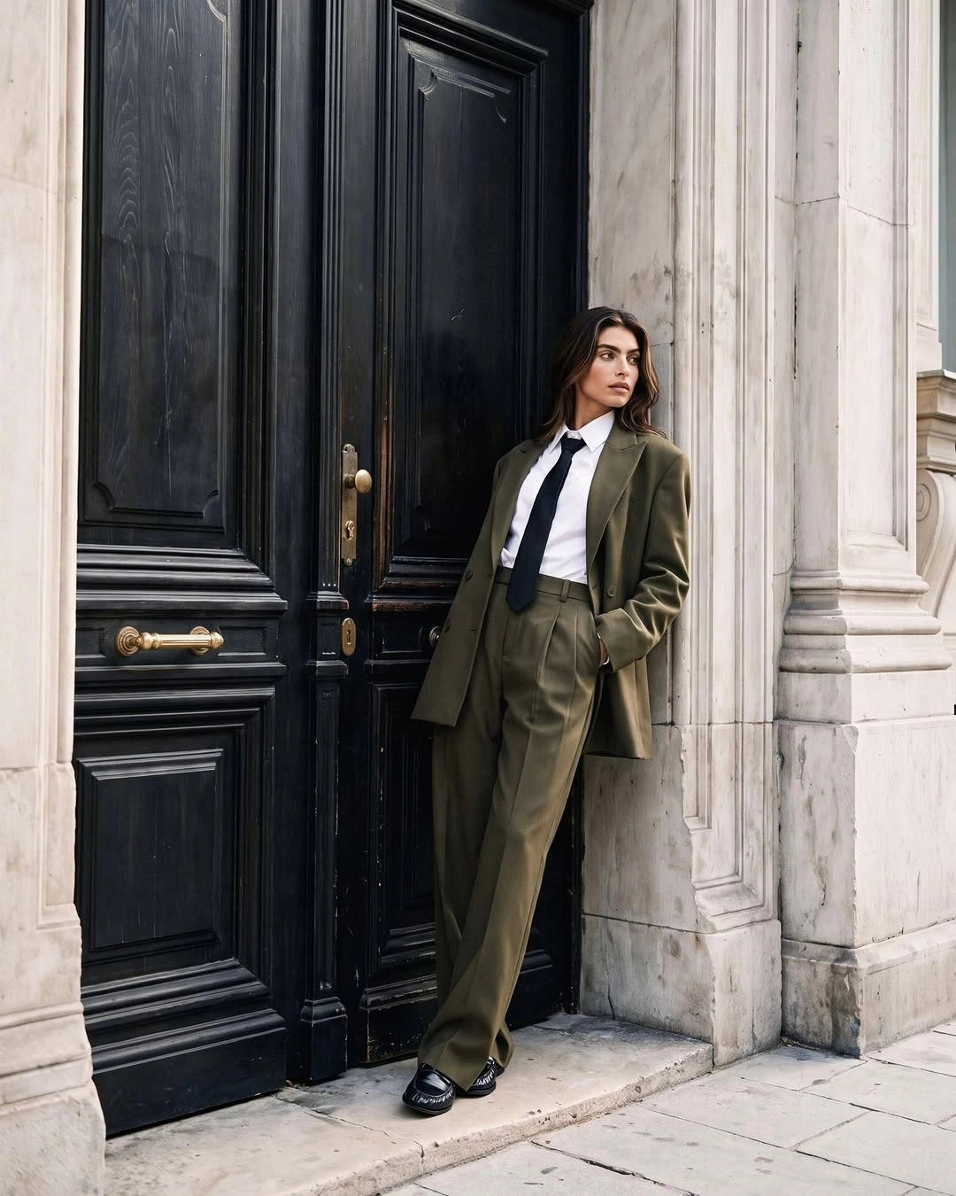 trendy winter business casual outfits Olive Suit With a Black Tie