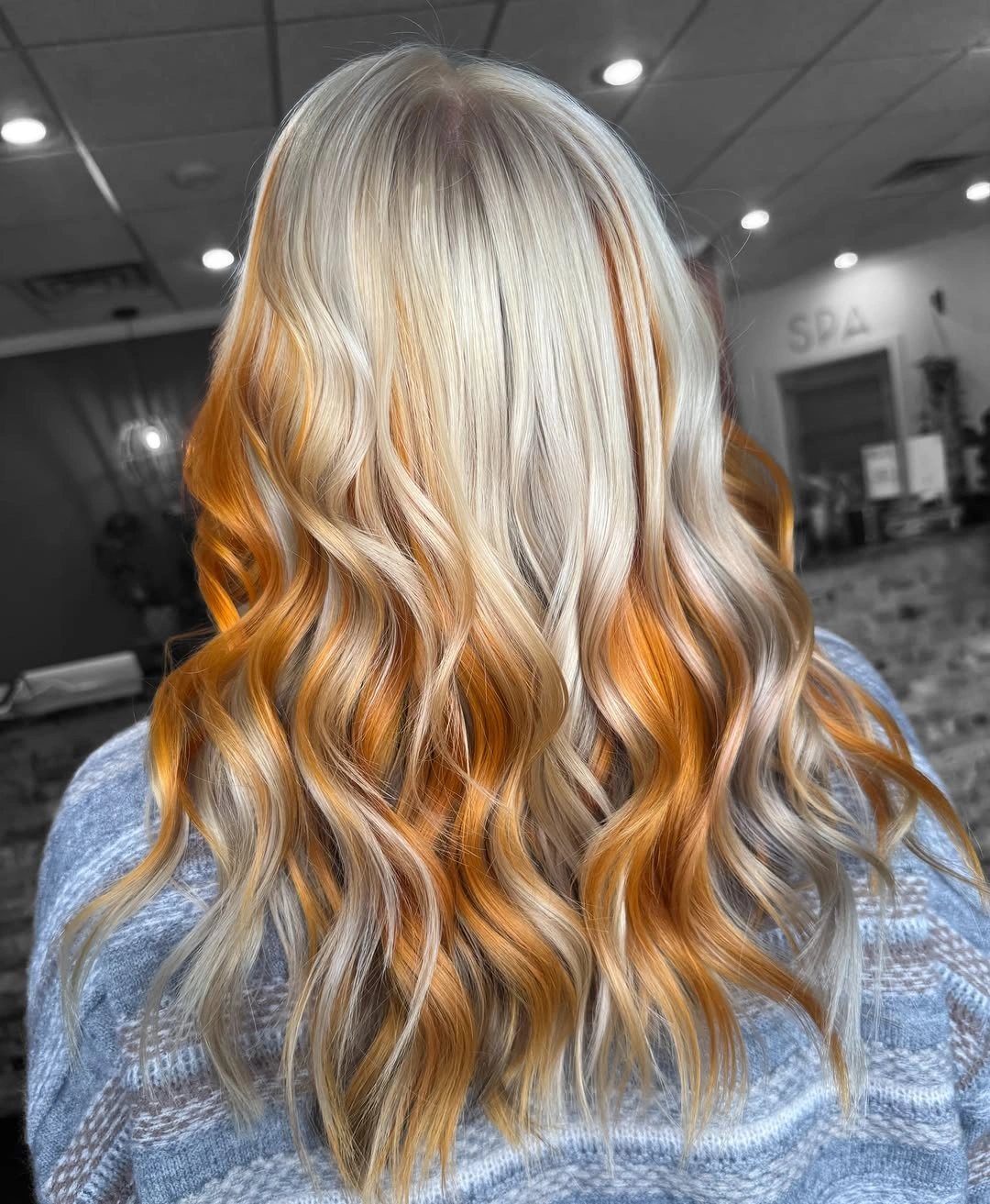 winter blonde hair color ideas Platinum Blonde With Copper Winter Ribbons