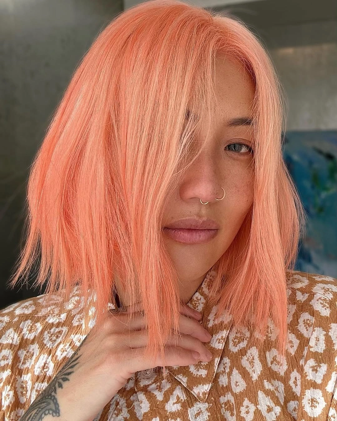 winter hair colors Pastel Peach Blunt Bob