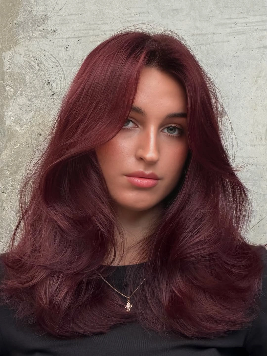winter haircuts Plush Burgundy Butterfly Layers